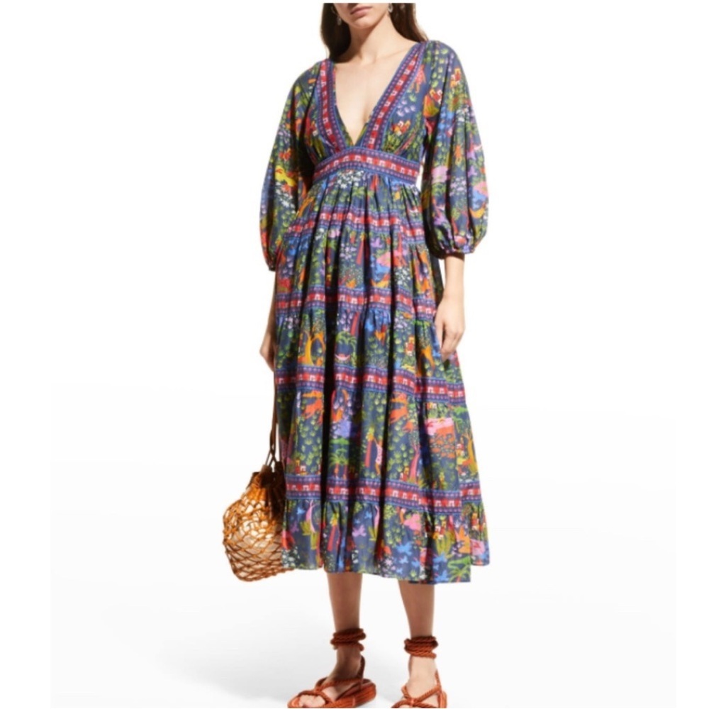 FARM Rio Animal Utopia Floral Jungle Print Puff Sleeve Midi Dress XS NWT - Picture 3 of 11